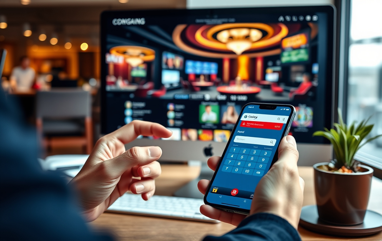 En person overfører penger via mobilbank til et online casino, med skjerm som viser casinospill.