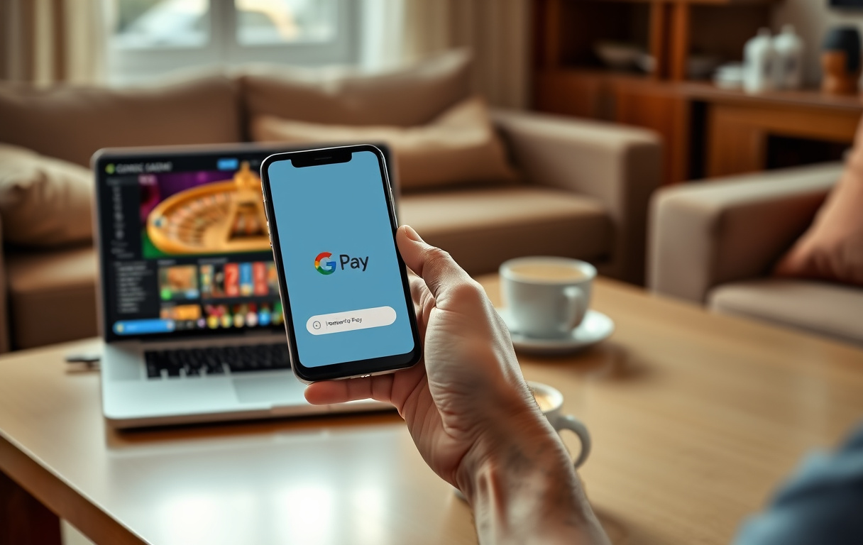 En person som bruker Google Pay på en Android-telefon ved siden av en laptop med casinospill.