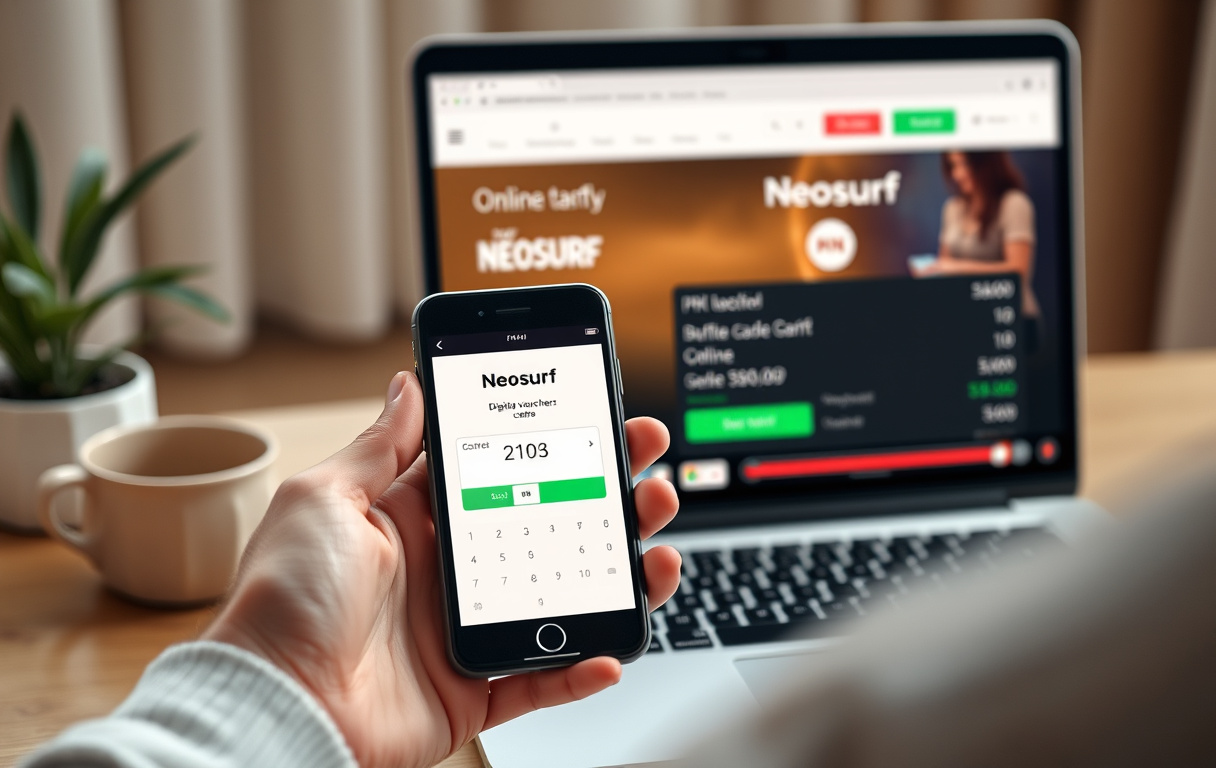 Person med smarttelefon som viser Neosurf-kupongkode ved siden av en laptop med casino-kasse