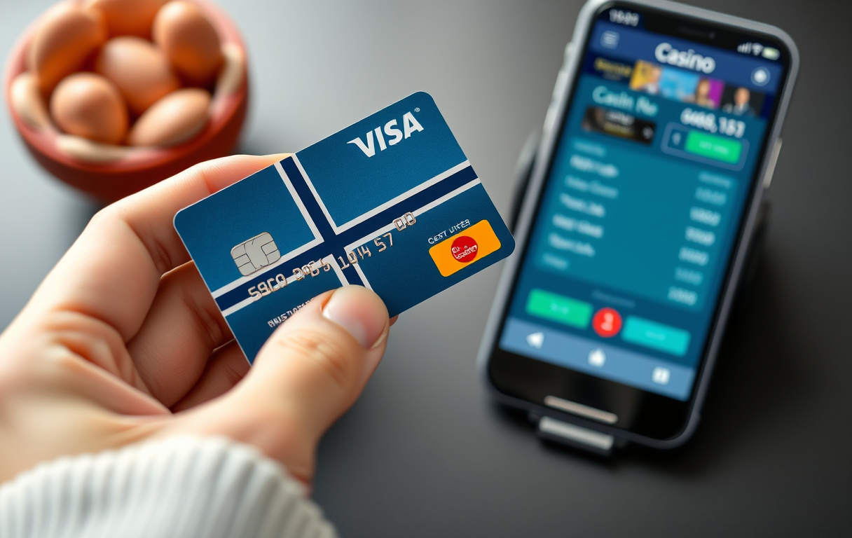 Norsk Visa debetkort holdt foran en mobiltelefon med casinoinnskuddsvindu.