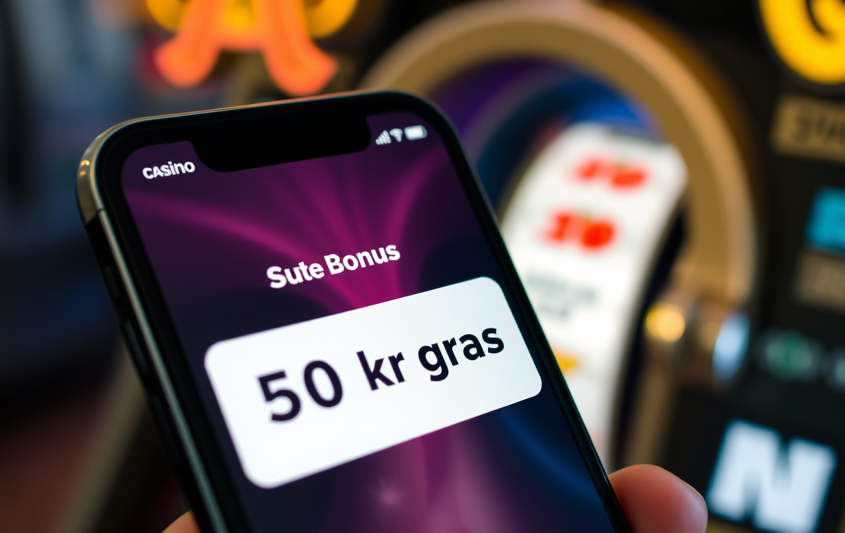 Smarttelefon med casino-bonusmelding om 50 kroner gratis og spilleautomater i bakgrunnen.