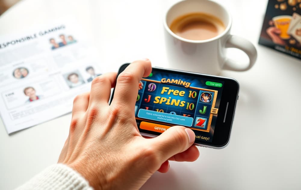 Hånd på mobil med gratisspinn-notifikasjon, kaffekopp og ansvarlig spilling-brosjyre