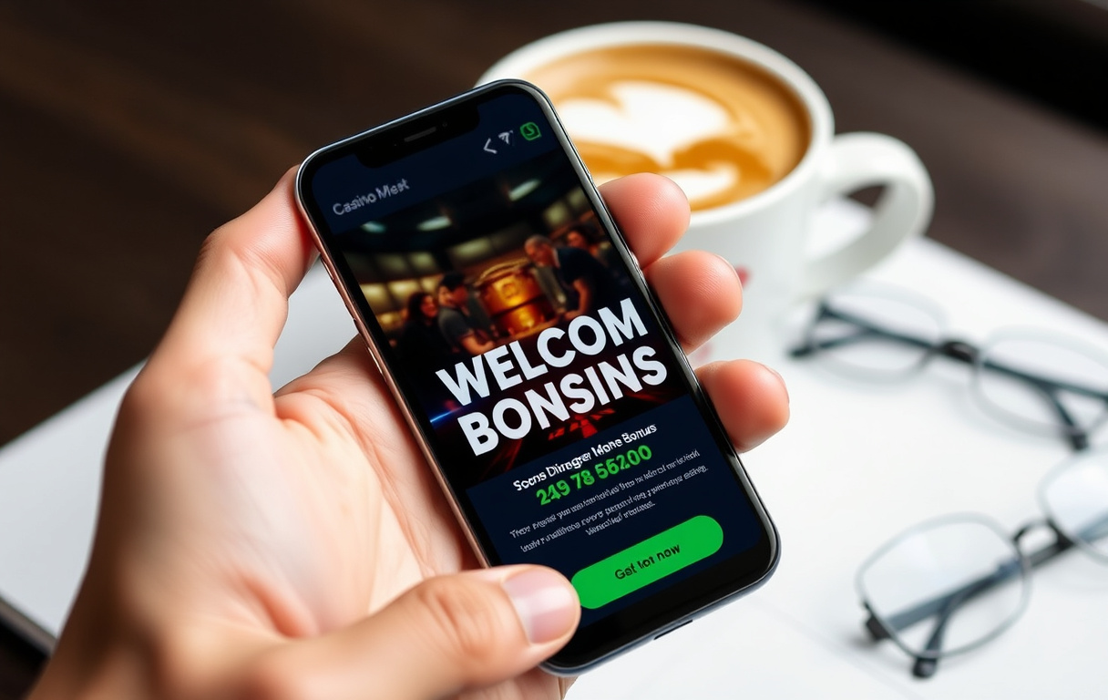 En person som leser vilkår for velkomstbonus på mobiltelefon med kaffekopp og briller i bakgrunnen.