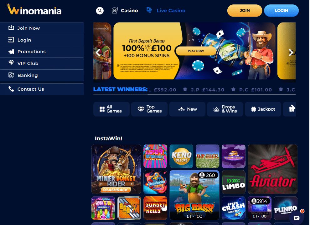 Wino Casino omtale – skjermbilde fra nettsiden