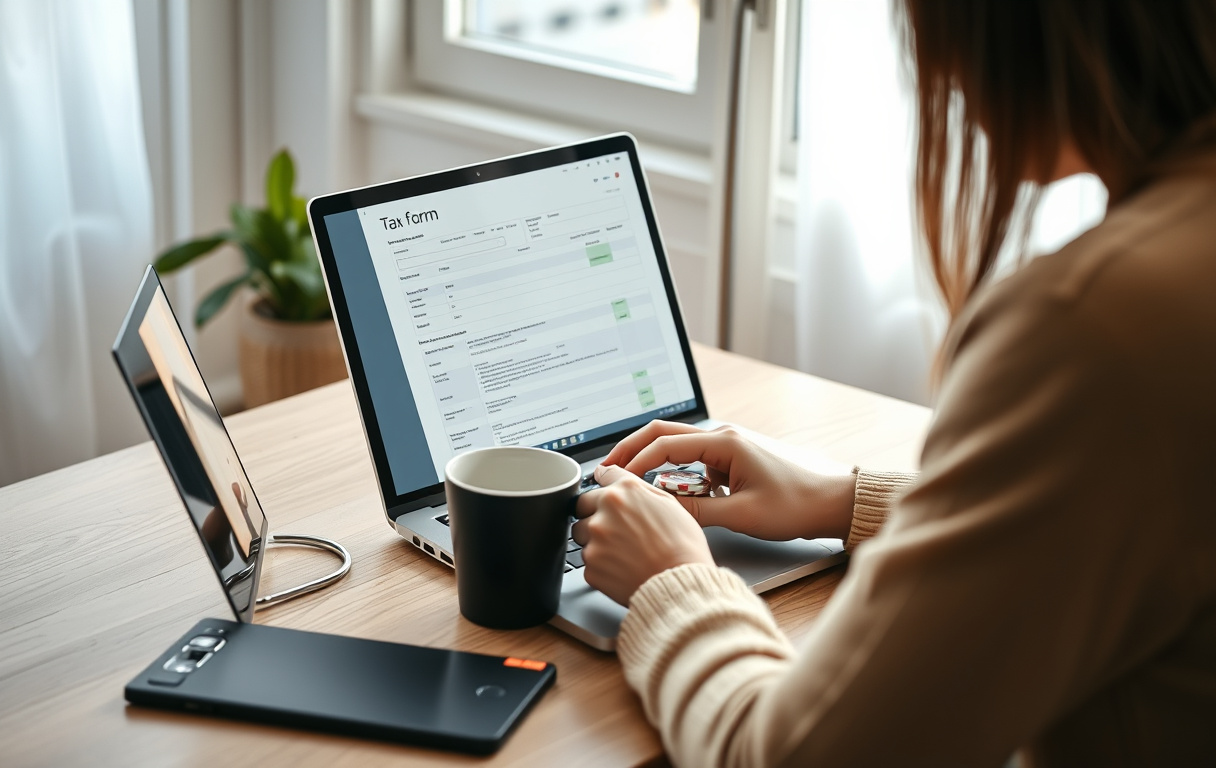 Person som fyller ut skattemelding for casino-gevinst ved en laptop, med kasinojetonger og kaffekopp på bordet.