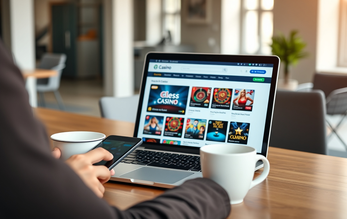 En person som sammenligner nettcasinoer på en bærbar PC med mobiltelefon på skrivebordet, moderne kontor.