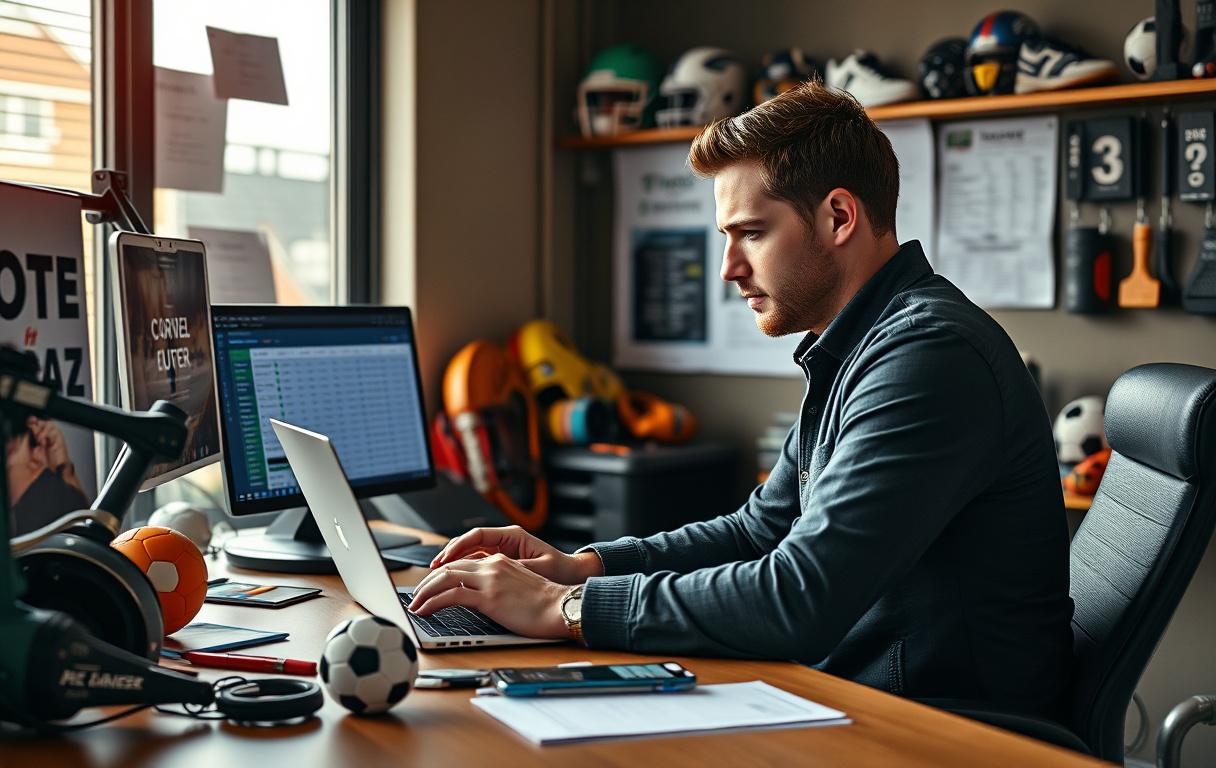 Person som sammenligner odds på flere bettingsider på en laptop.