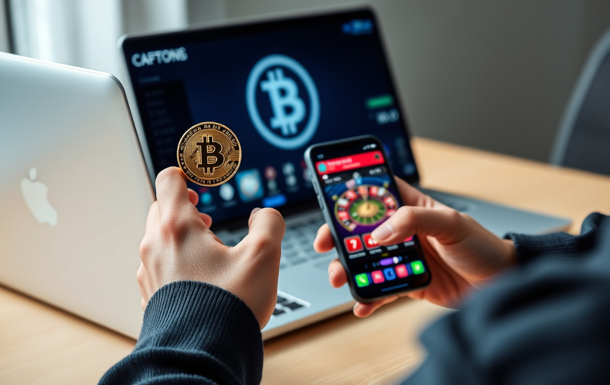 Person spiller på kryptocasino med Bitcoin-symbol og mobiltelefon
