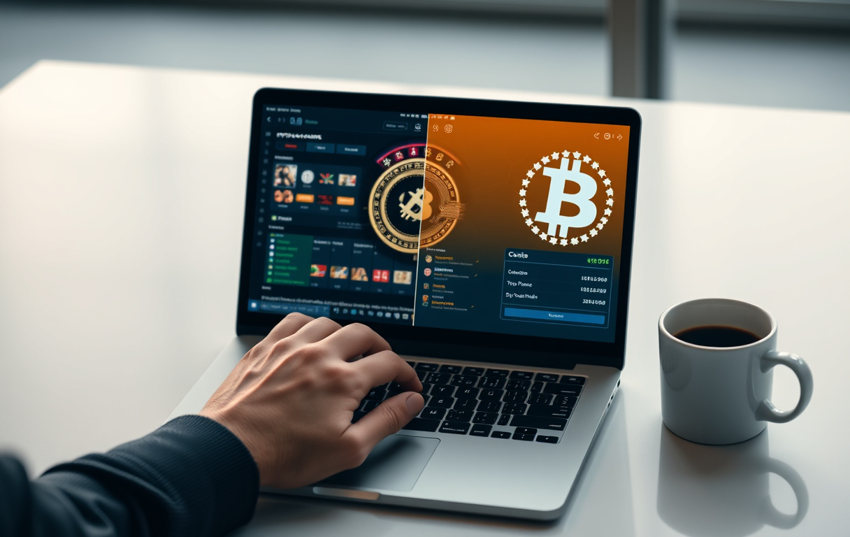 En person sitter ved et skrivebord og spiller på et kryptocasino via en bærbar PC, med Bitcoin-lommebok synlig på skjermen.