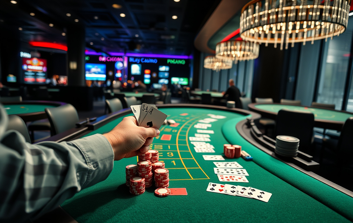 Live dealer blackjack-bord med dealer og spillebrikker på grønt filt