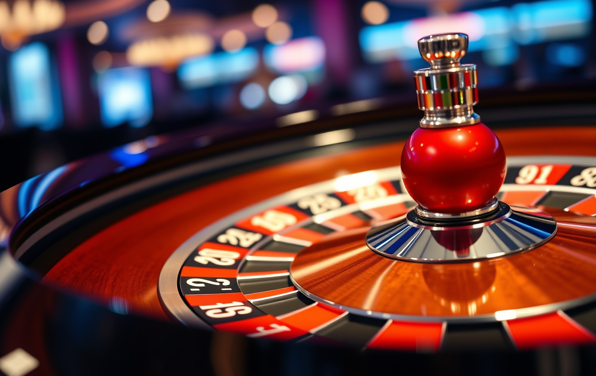 Nærbilde av et rulett hjul med ball som lander på et rødt tall, professionell casino-belysning